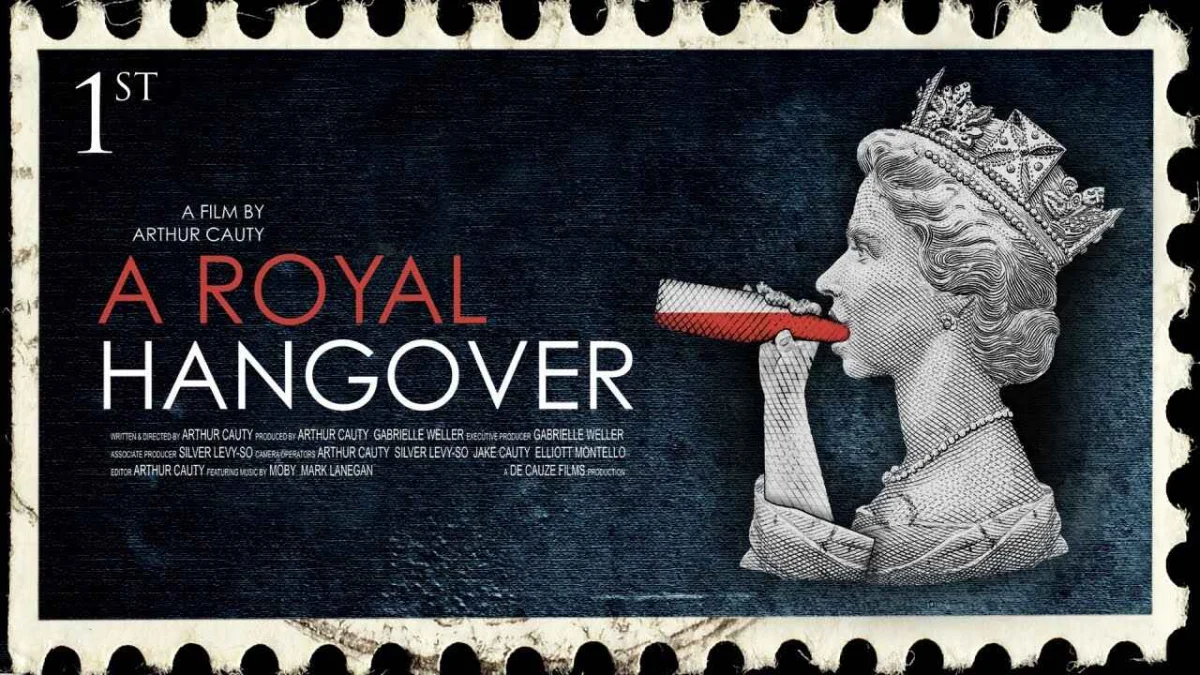 A stamp-like illustration showing the Queen of England drinking a bottle of alcohol, with the text "A Royal Hangover".
