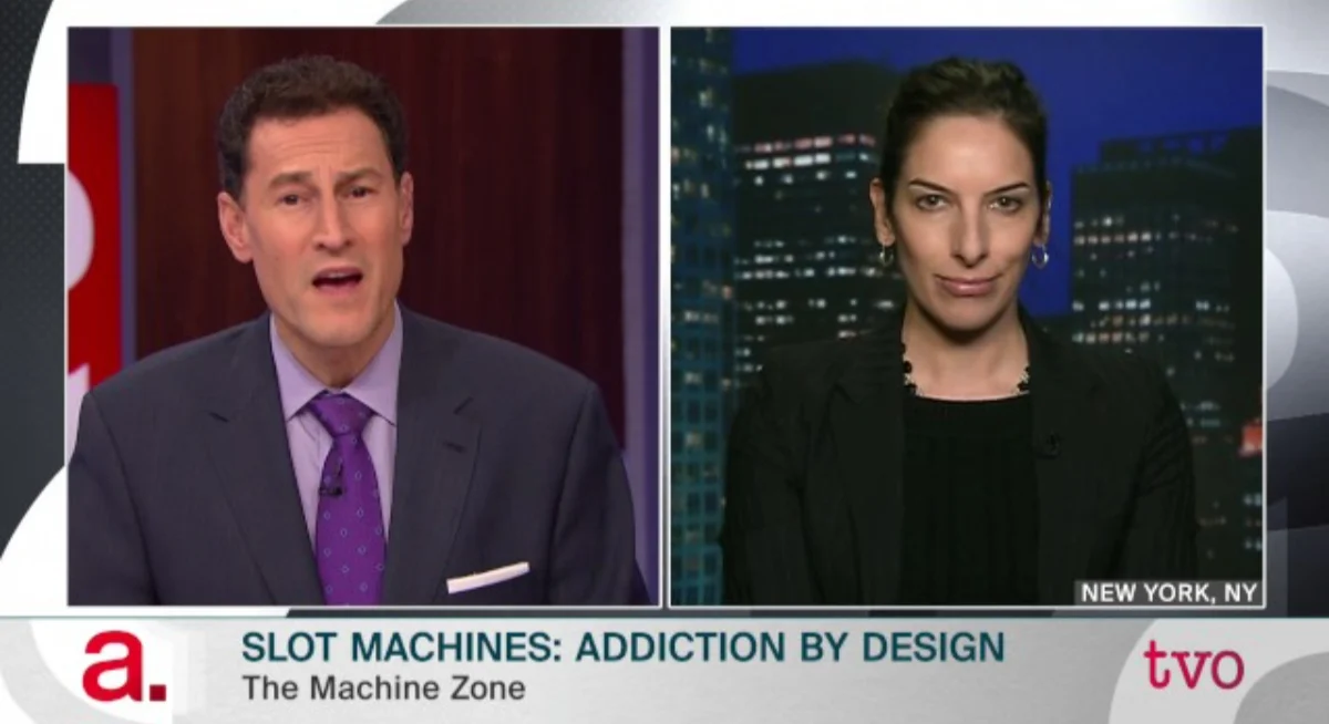 Side-by-side video chat between the TVO Host and Natasha Dow Schull, with the title Slot Machines: Addiction by Design (The Machine Zone) underneath.