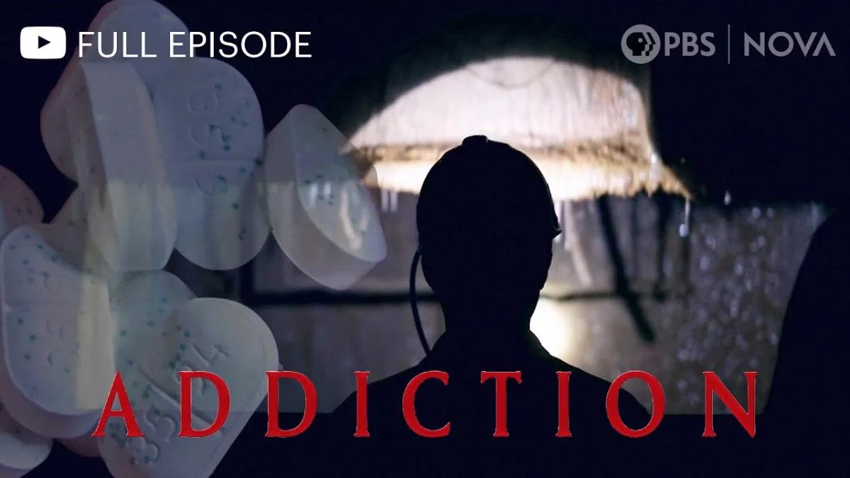 Silhouette of a person facing a bright light, with floating pills on the left. The atmosphere is dark and contemplative. Text reads "Addiction."