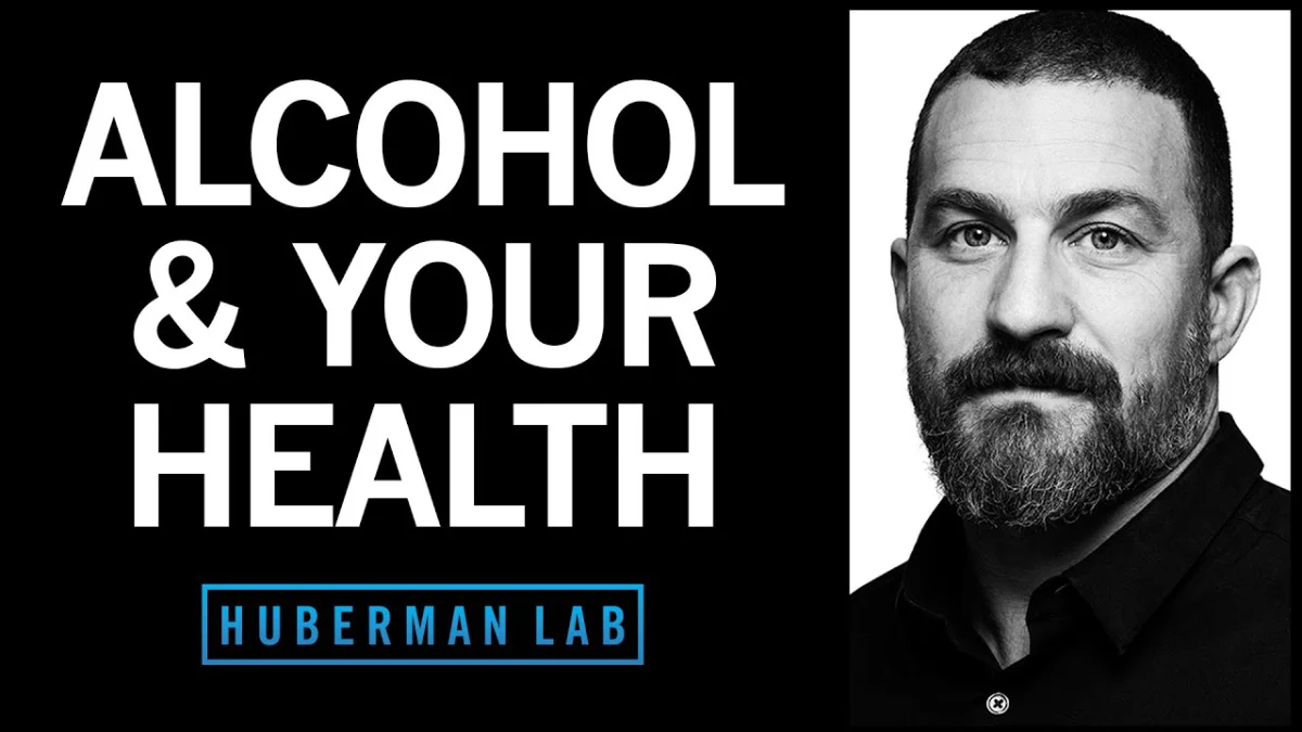 Podcast cover that says, "Alcohol & Your Health, Huberman Lab" on the left side with a black background, and a close-up of Dr. Andrew Huberman in a black shirt on the right.