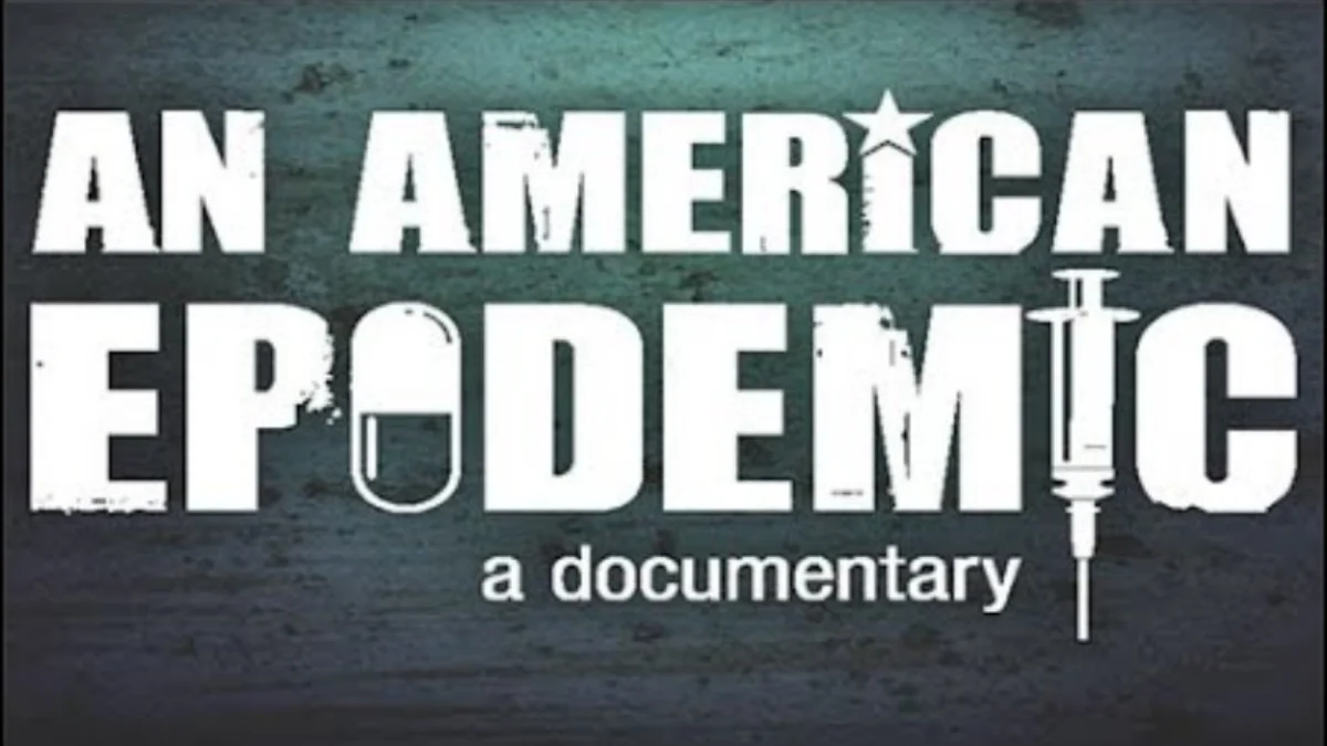 Documentary cover titled "An American Epidemic," with a pill and needle icons replacing the letter I.