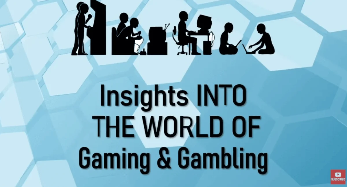 Silhouettes of people at computers and slot machines are displayed above the text "Insights into the World of Gaming & Gambling" on a hexagonal blue background.