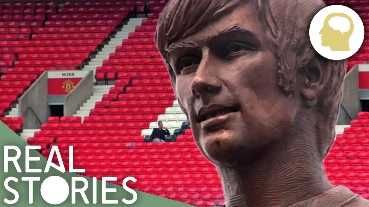Cover for Brought Up By Booze showing a close-up of a statue of George Best, pro-football player and father of Calum Best, with red stadium seats in the background.