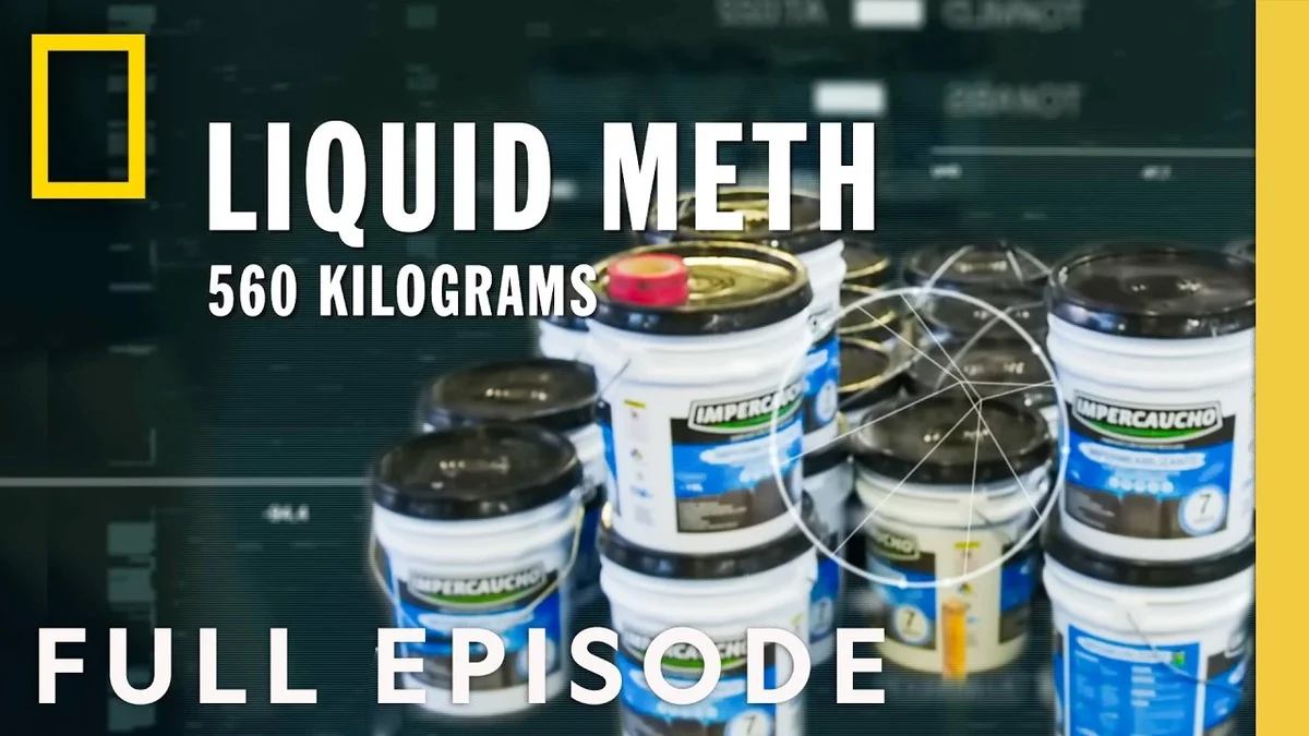 Stacks of paint buckets against a dark, blurred background. Text reads "Liquid Meth 560 Kilograms" and "Full Episode."