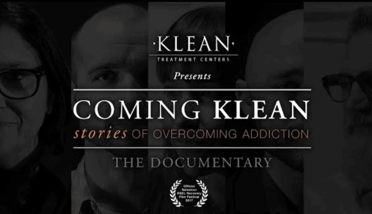 Five panels with the faces of some of the people featured in the documentary, with a transparent black filter over top, and the text KLEAN Treatment Centers Presents Coming KLEAN Stories of Overcoming Addiction, The Documentary.
