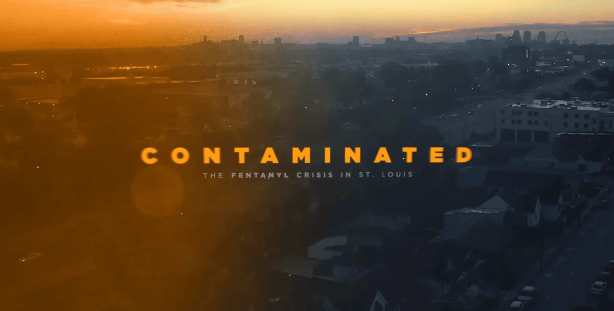 A dark, moody skyline of St. Louis at sunset with "Contaminated: The Fentanyl Crisis in St. Louis" in bold orange and white text.