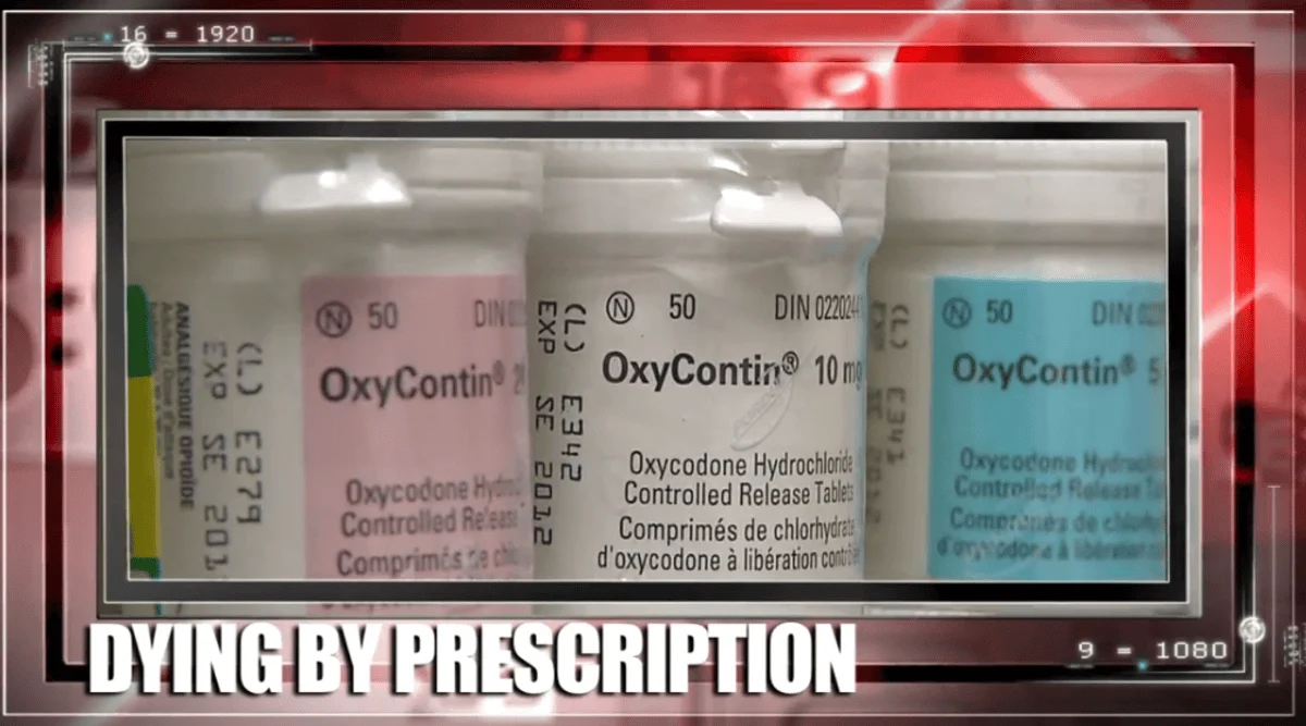 Close-up of prescription bottles labeled OxyContin, displayed against a red digital background. The words "DYING BY PRESCRIPTION" are prominently shown, evoking a cautionary tone.