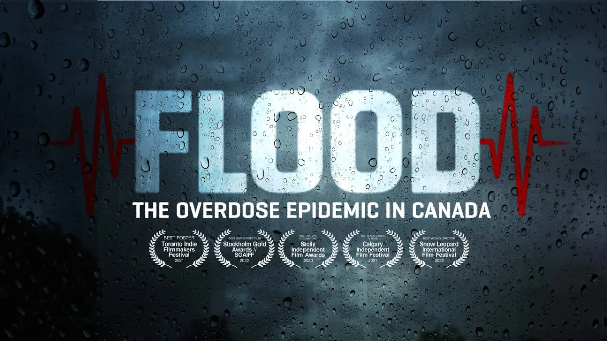 Documentary cover with the title, Flood The Overdose Epidemic in Canada, set against a dark window-like background with rain drops.