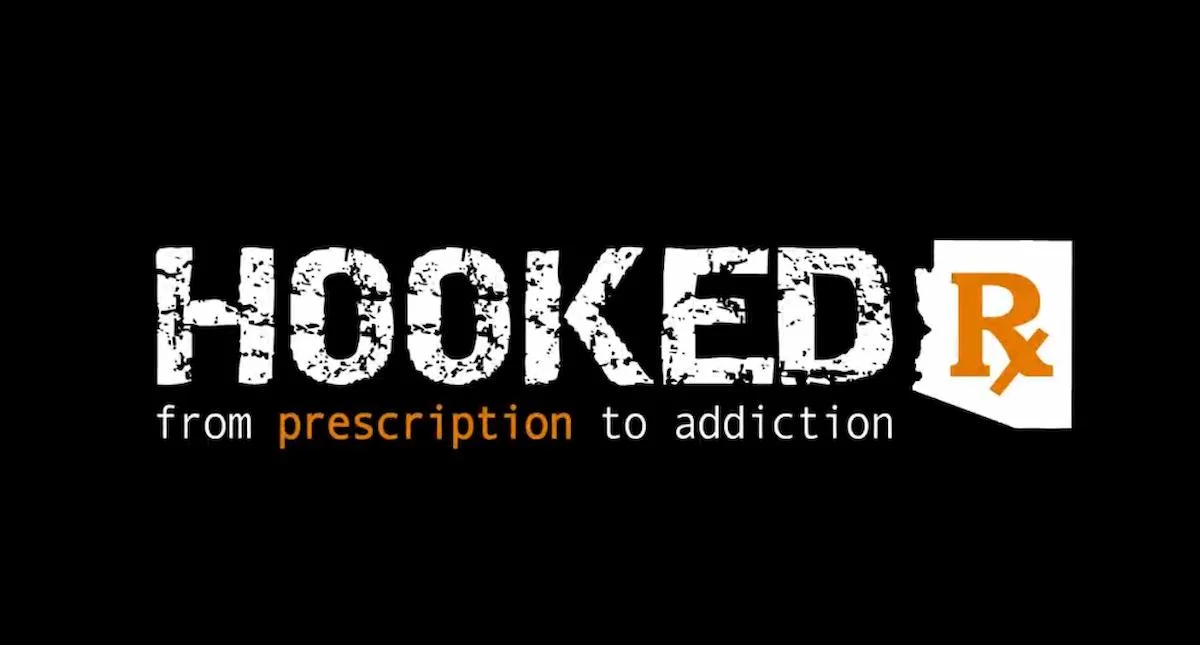 A black background with the title HookedRx: From Prescription to Addiction.