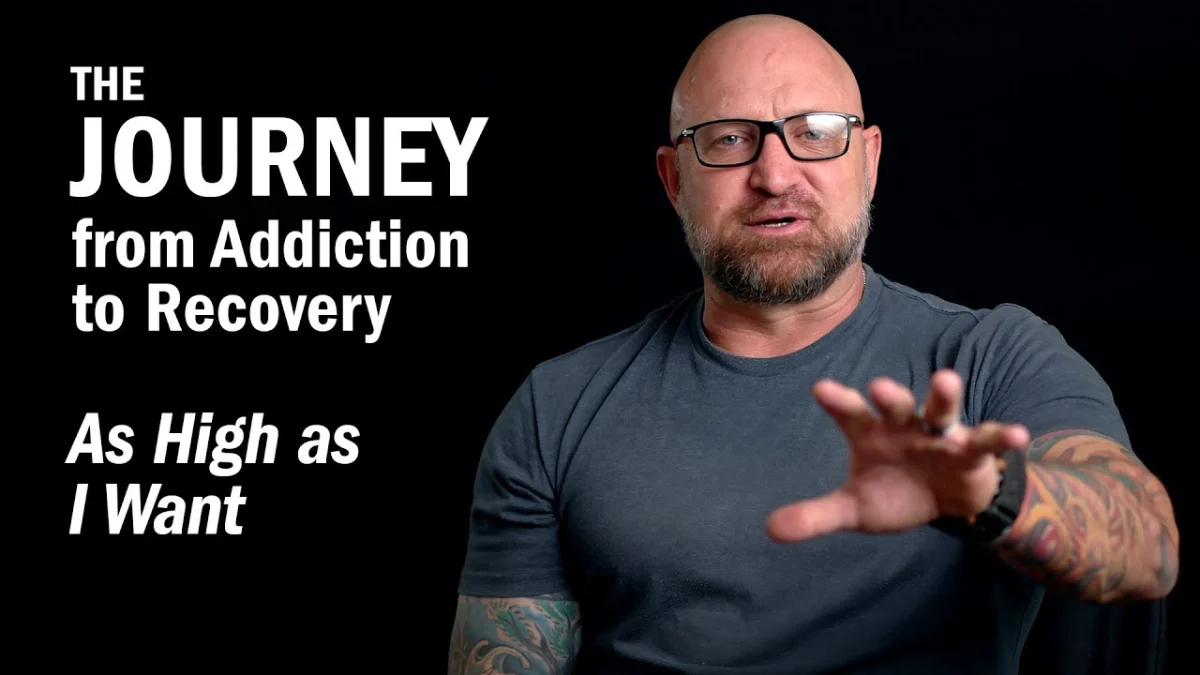 A black background with white text on the left side that reads, The Journey from Addiction to Recovery; As High as I Want, and Matt, a bald man with glasses wearing a grey t-shirt, on the right side.