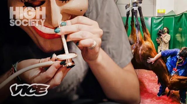 Cover for Vice's Generation K, featuring a woman with a mask snorting Ketamine off of a stethoscope, with a tranquilized horse hanging upside down, attached to the ceiling, in the background.