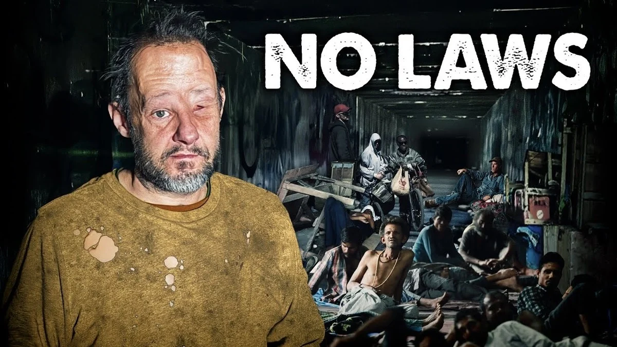 A dishelved man who is missing an eye, standing in an underground Las Vegas tunnel, and a group of other homeless individuals behind him.