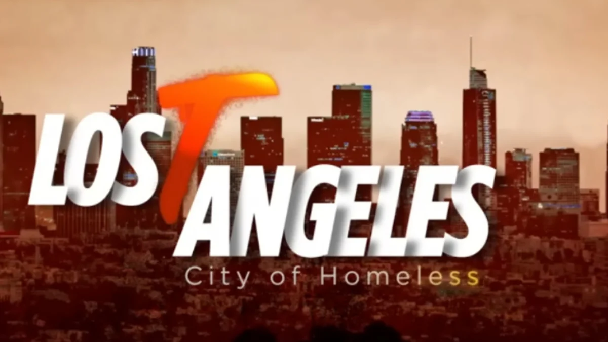 A Los Angeles city scene with high-rise buildings, with the title "Lost Angeles: City of Homeless".