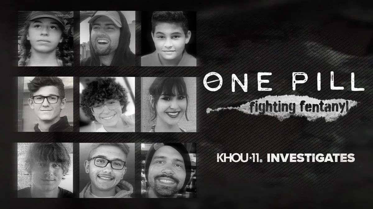 A collage of nine black-and-white portraits of individuals, with the text "One Pill: Fighting Fentanyl" and "KHOU 11 Investigates" on a dark background.