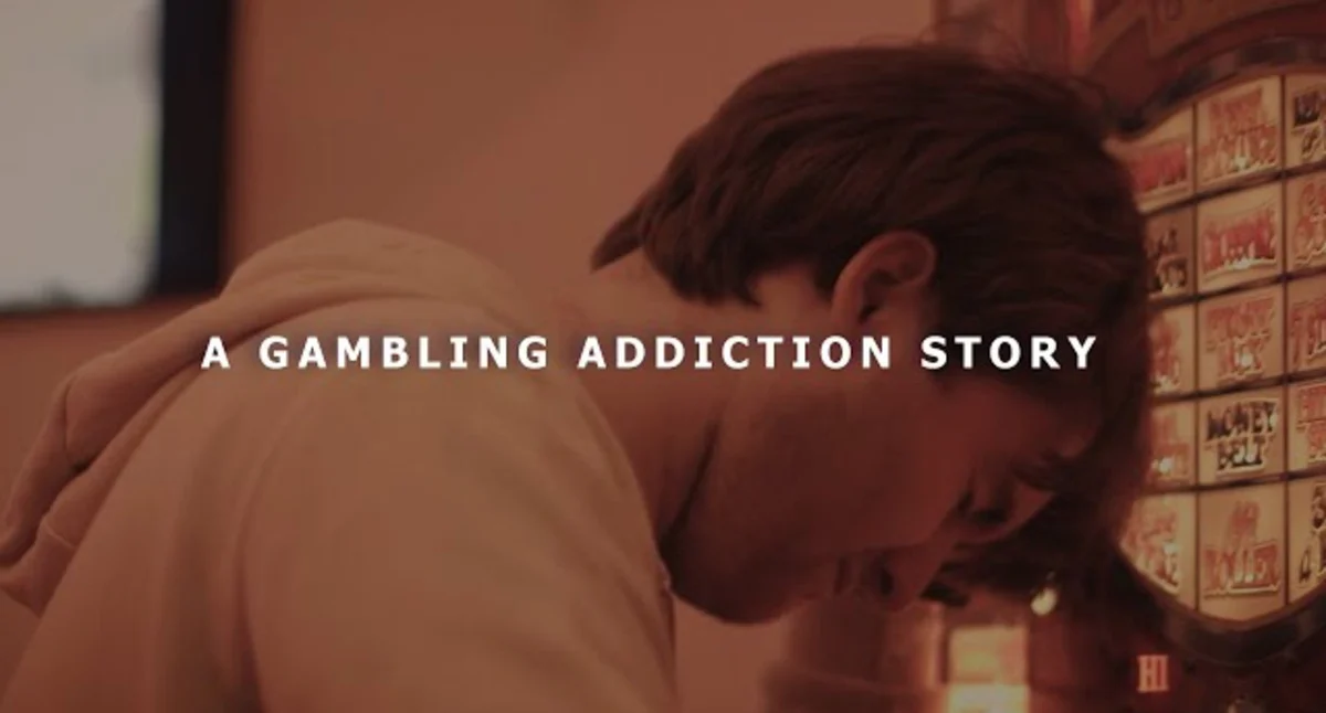 Cover for Only Need to Win Once, featuring a young man struggling with a gambling addiction places his head against a slot machine, with his eyes closed, conveying stress and despair.