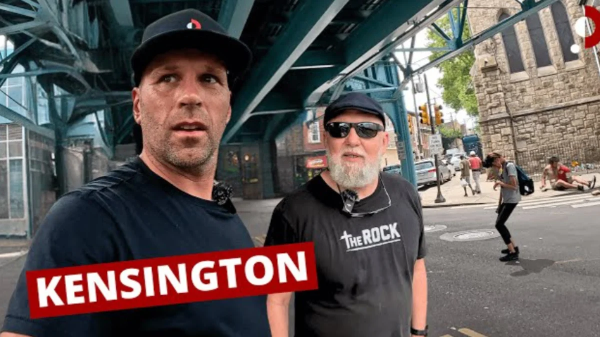 Peter Santenello and Buddy Osborn standing under a bridge on the street, with the text, Kensingston.