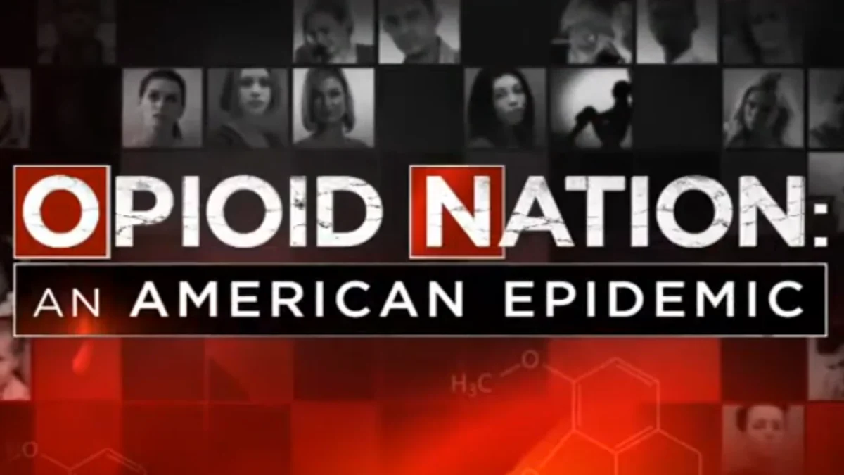 A background made up of images of people who have died due to opioids, with the title Opioid Nation: An American Epidemic.