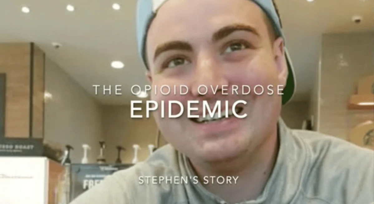 A close-up of Stephen smiling, with the text, The Opioid Overdose Epidemic: Stephen's Story.