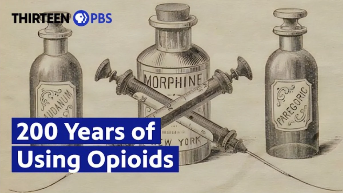 Image of two pill bottles with the text "200 years of using opioids," emphasizing the extensive opioid drug history.