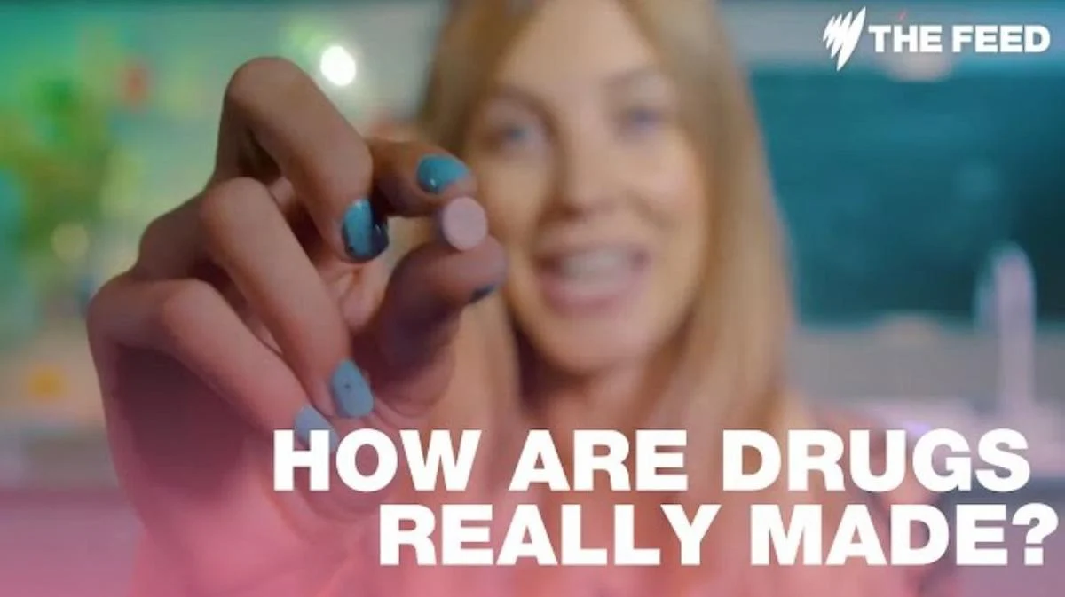 A woman with blurred features holds a small MDMA pill towards the camera. Text overlay reads, "How are drugs really made?" The mood is curious and investigative.