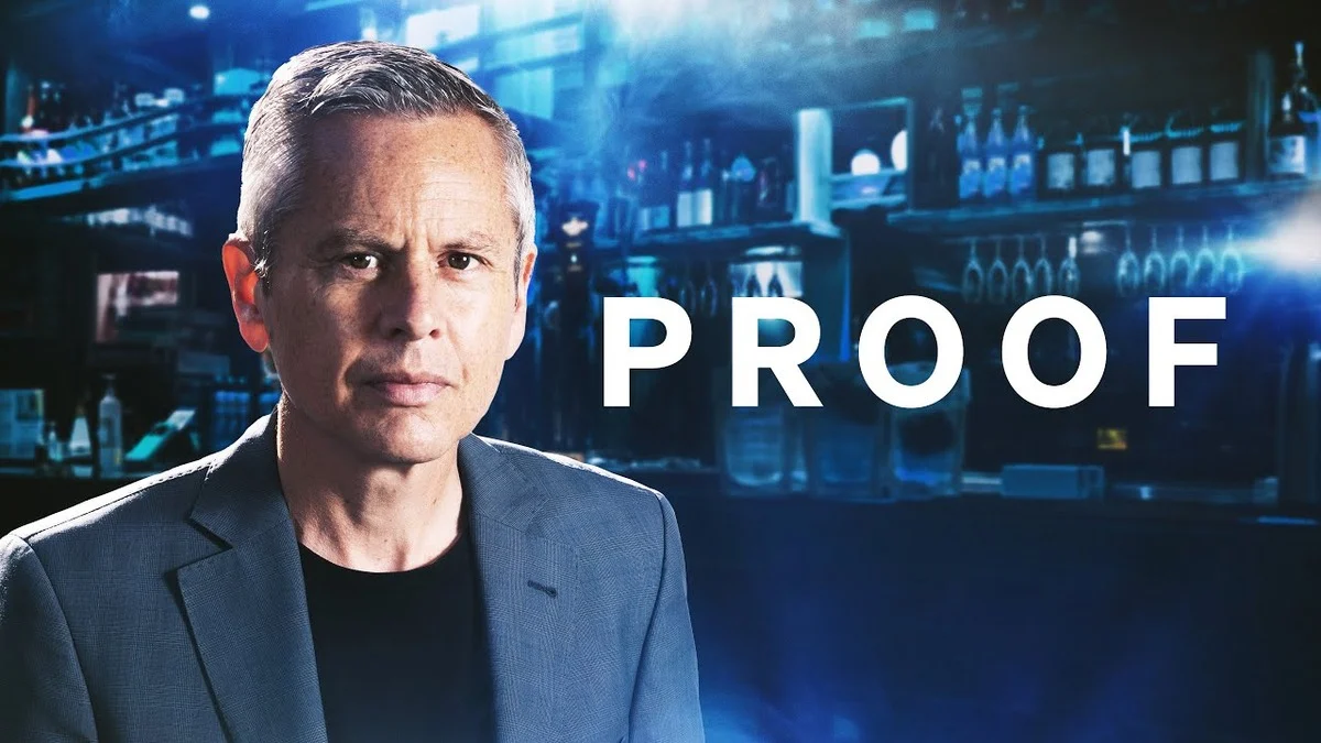 Documentary cover with Guyon Espiner and the title "PROOF", with a blue tinted background of shelves full of alcohol at a bar.