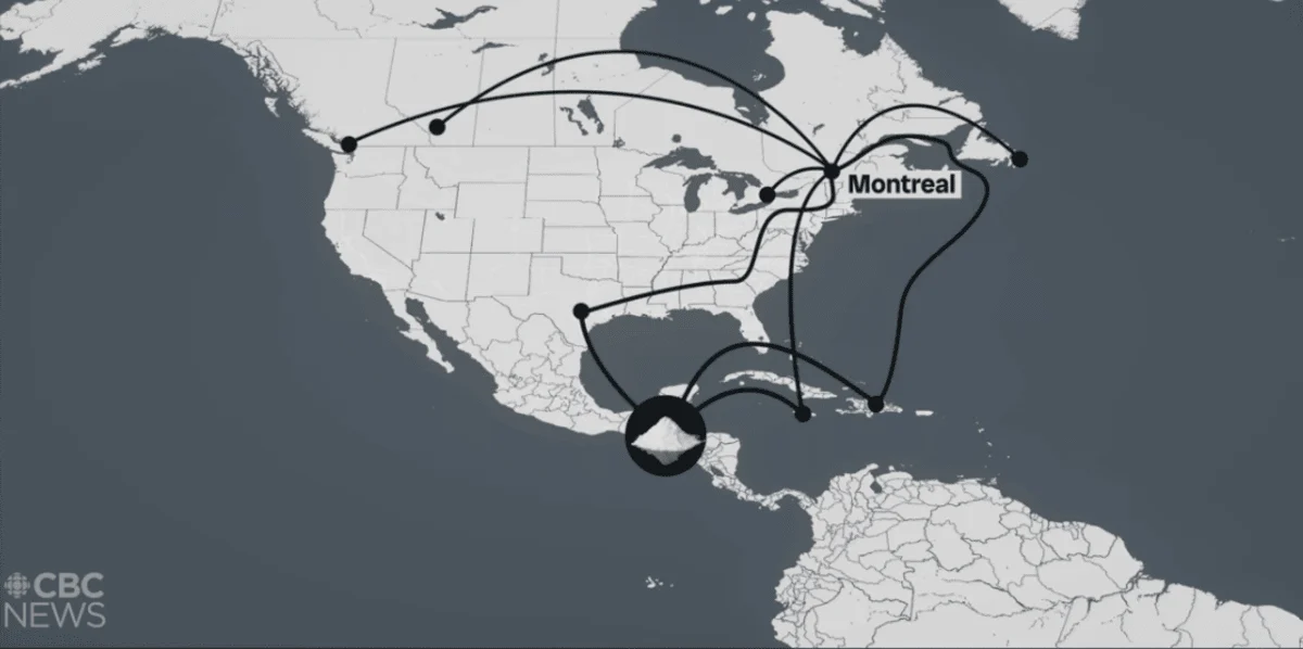 Map illustrating trade or migration routes to Montreal from various North American locations. Black arrows highlight connections. CBC News logo present.