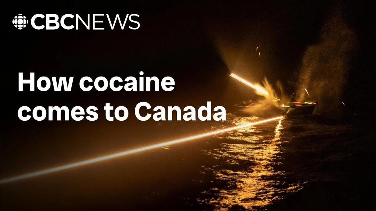 Cover for Pure Hell documentary from CBC, text reads "How cocaine comes to Canada". Scene shows a boat at night with streaks of light resembling gunfire, casting reflections on water.