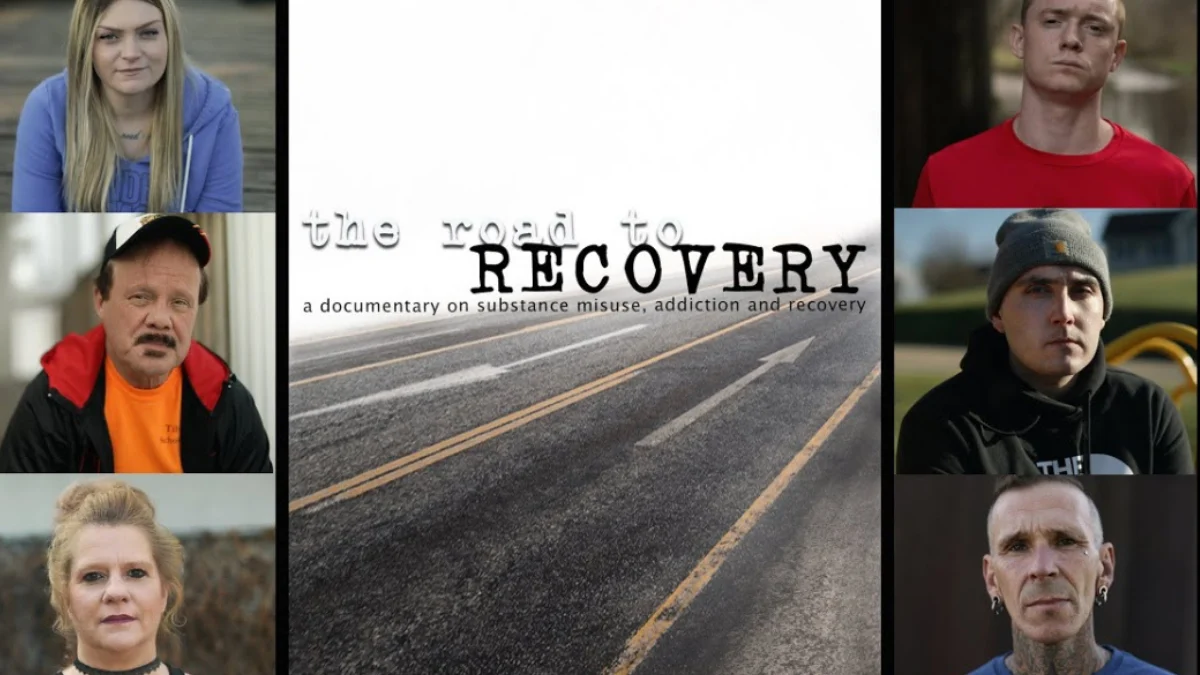 Images of the six people featured in this documentary, three on either side, with the title Road to Recovery in the middle.