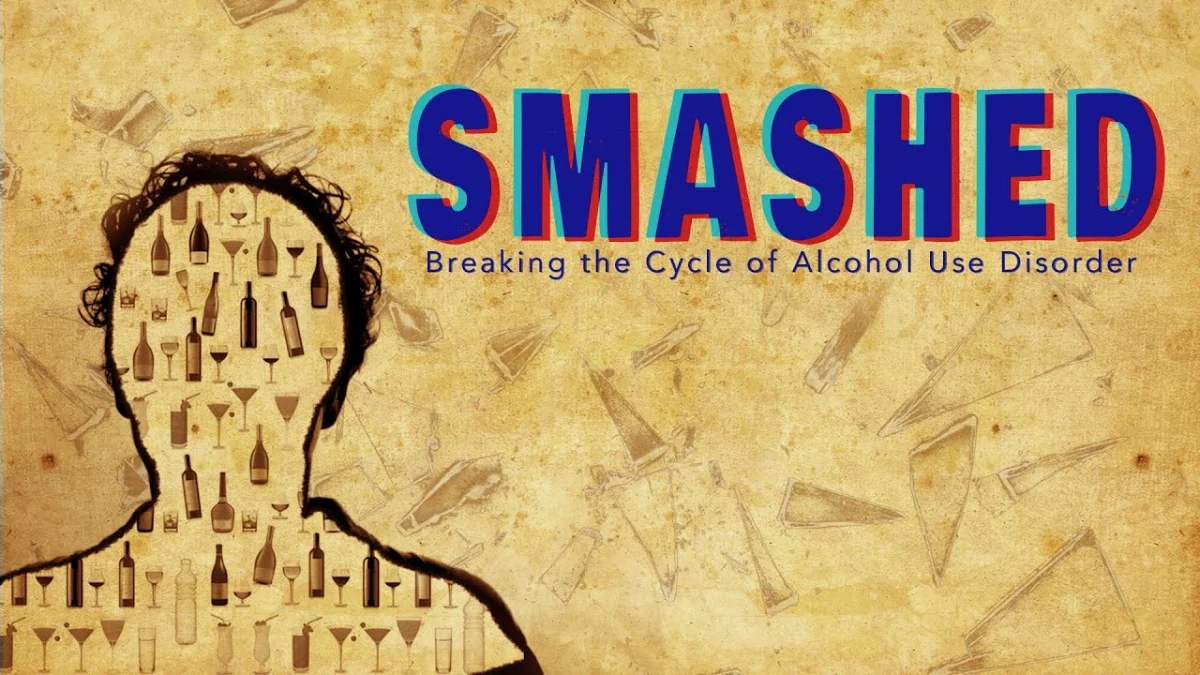 Cover of "Smashed: Breaking the Cycle of Alcohol Use Disorder," featuring a silhouette filled with images of alcoholic drinks.