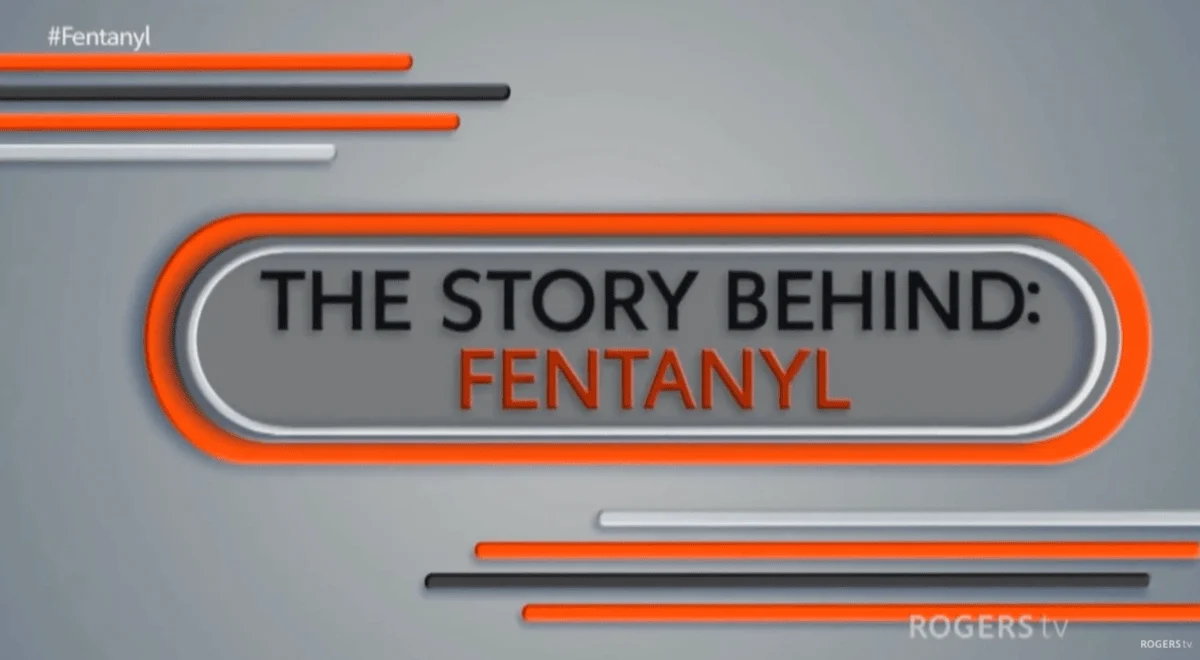 Gray background with the text "THE STORY BEHIND: FENTANYL" in bold letters. Orange, black, and white lines frame the text, giving a modern, serious tone.