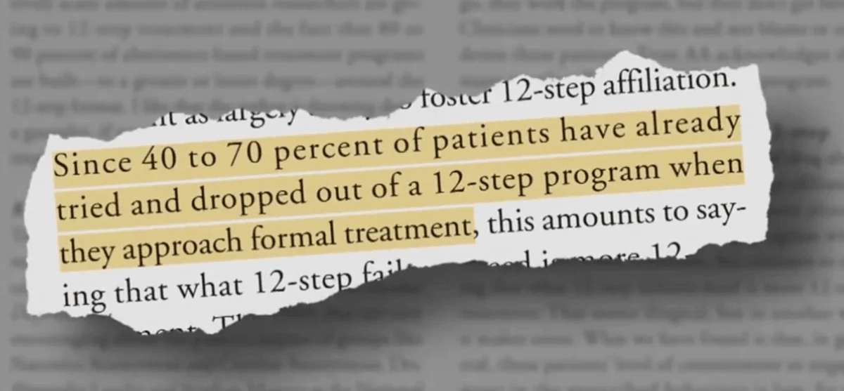 Highlighted section of textbook that says, "Since 40 to 70 percent of patients have already tried and dropped out of a 12-step program when they approached formal treatment..."