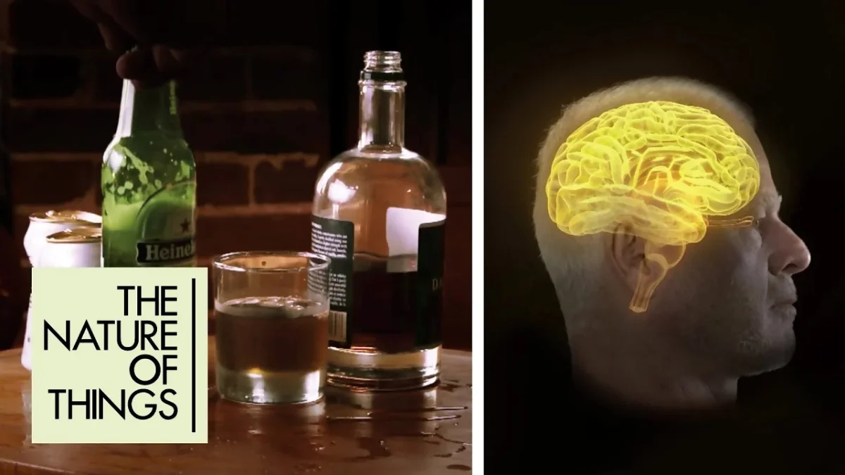 Documentary cover featuring "The Nature of Things," drinks on a table, and a side view of Mike Pond with a brain graphic.