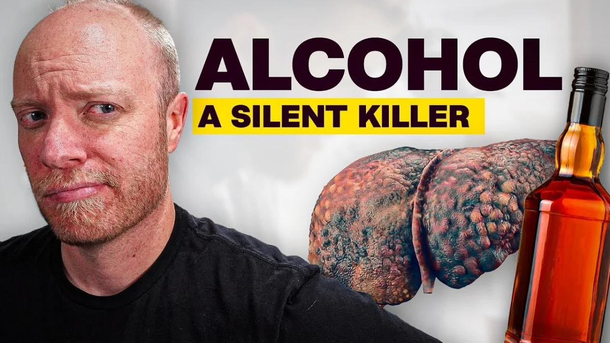 Cover for the video that shows a man, the text "Alcohol: A Silent Killer", a bottle of alcohol, and blackened lungs due to harmful effects of ethanol.