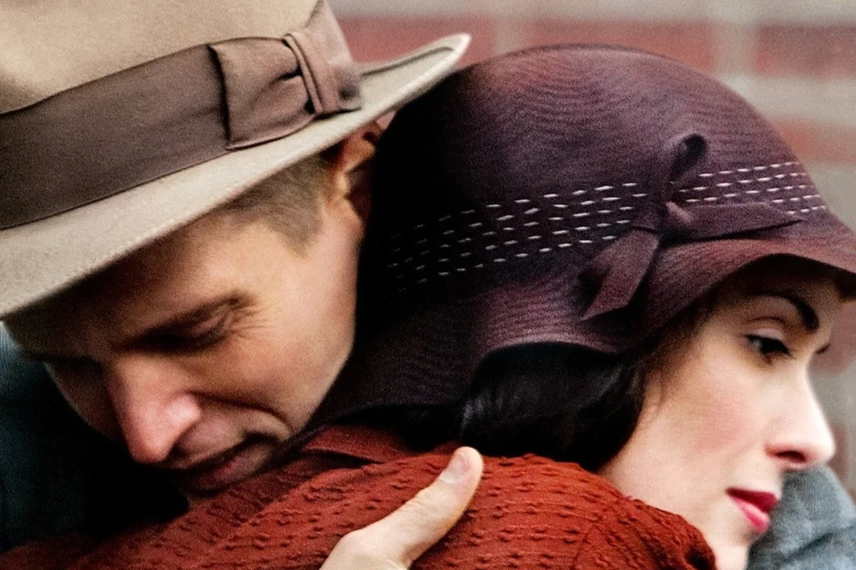 A heartfelt embrace between Bill Wilson and Lois Wilson, both adorned with hats, capturing their emotional bond.