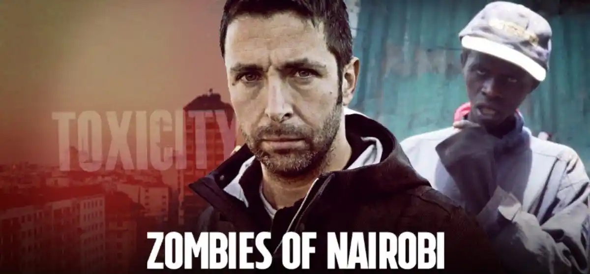 Pablo Trincia, the reporter in this documentary, in the middle of the image with the text "Zombies of Nairobi" on the bottom, and the background of the left side showing a red-tinted image of the city with "Toxicity" across, and the right side of the background showing a man from Kenya who looks intoxicated, giving off the impression that he is a "zombie".
